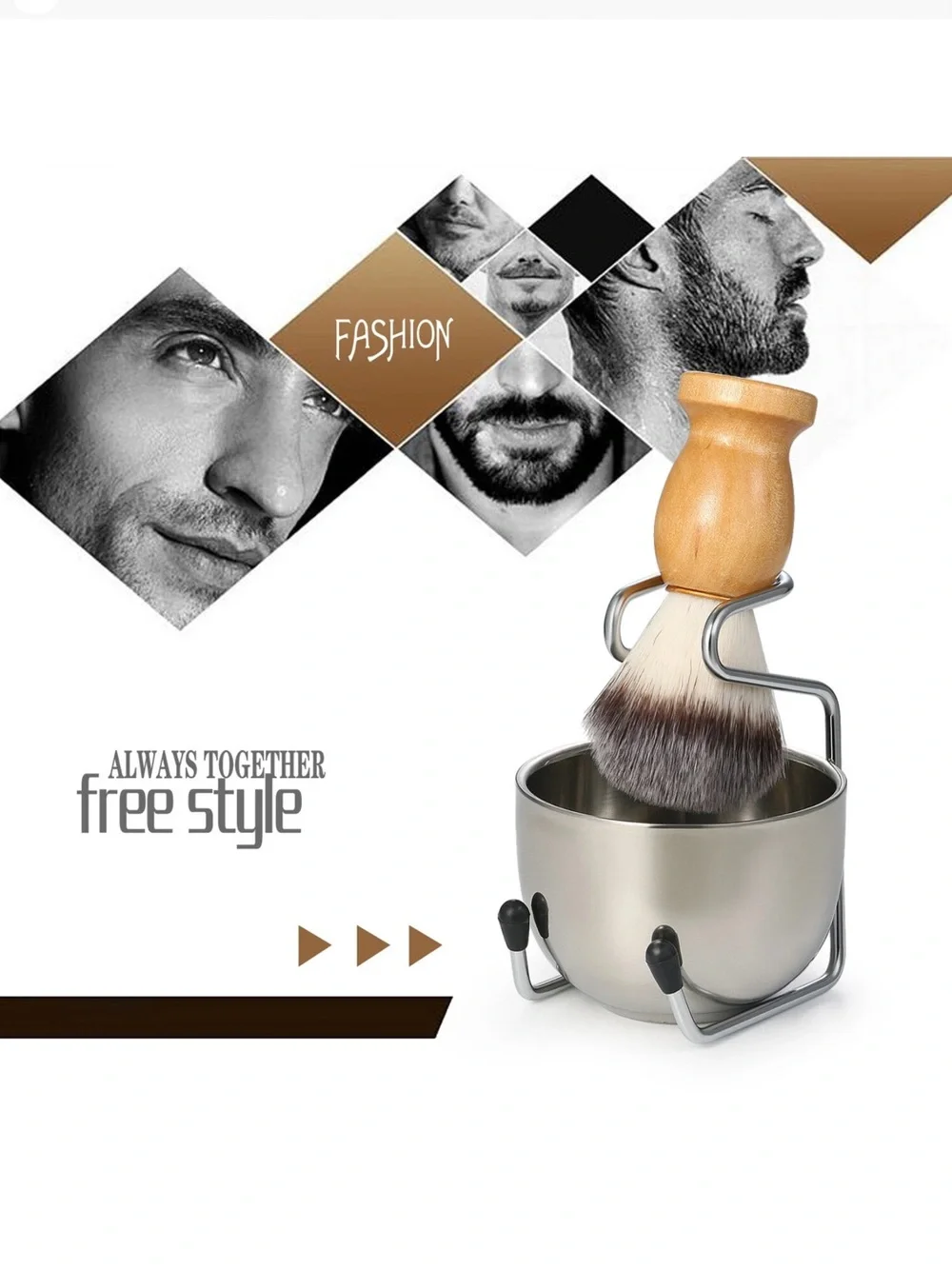 Wood Handle Shaving Brush with Silver Lather Bowl and Stand - Men Grooming NIB